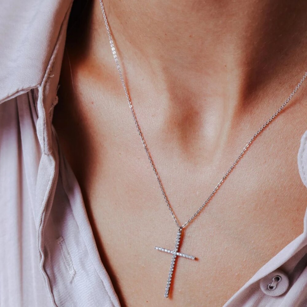 Sterling Silver 925 Rhodium Plated CZ Cross Necklace